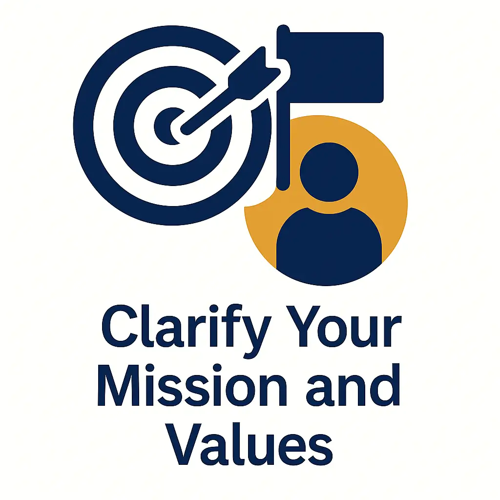 Caption Clarify Your Mission Value with arrow in target and silhouette of a person on a white background.