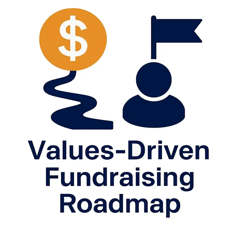 Caption Values Driven Fundraising with dollar sign and silhouette of a person on a white background.